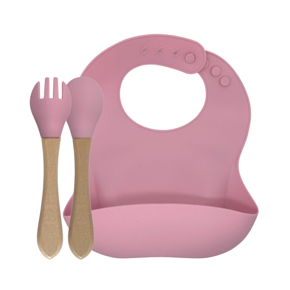 Silicone Bib and Bamboo Cutlery | Pink