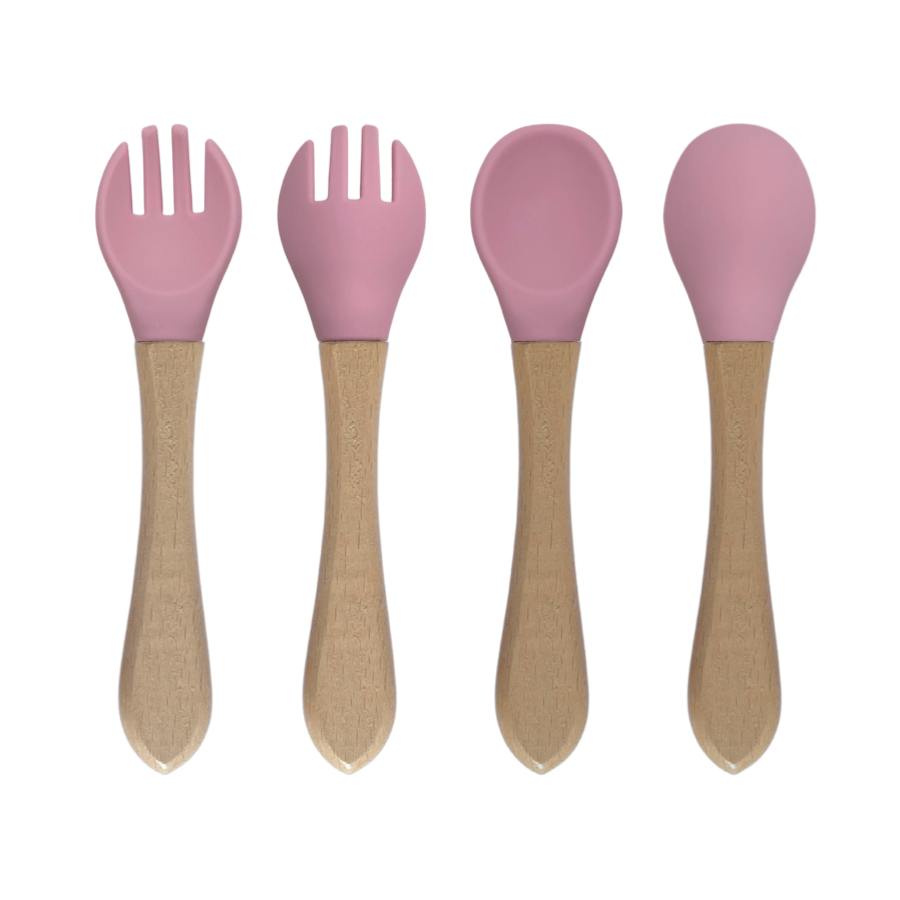 Silicone Bib and Bamboo Cutlery | Pink