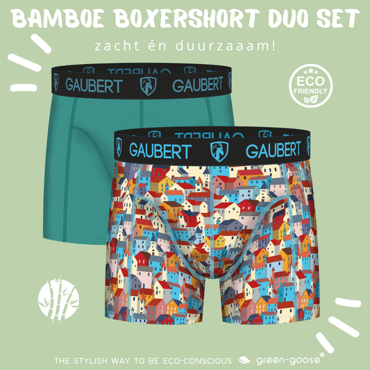 Gaubert Bambus-Boxershorts | 3 Stück | Fische und Häuser | Türkis