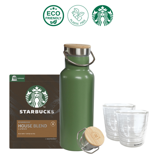 Starbucks Koffiepakket XL met green-goose Metalen Thermos Groen en 2 Nespresso Lungo Glaasjes | House blend