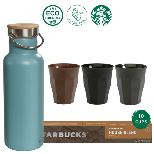 Starbucks Koffiepakket met green-goose Metalen Thermos Blauw en 3 Espresso Glaasjes | Blond Espresso Roast